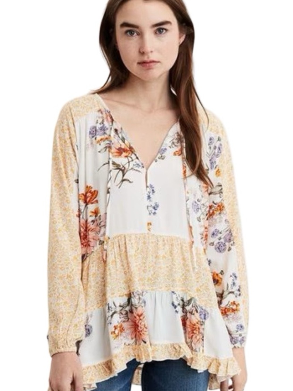 American Eagle Floral Tiered Ruffle Long Sleeved Tie Front Blouse Sz S